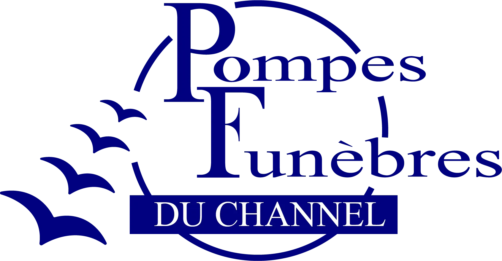 Logo officiel des Pompes Funèbres du Channel représentant des oiseaux en vol dans un cercle bleu